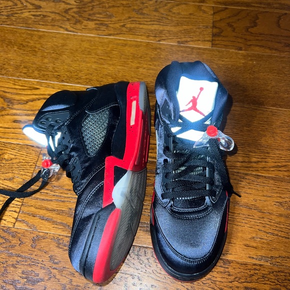 Black Satin Jordan 5s Black Red Black Bred 5s Jordans Jordan Retro